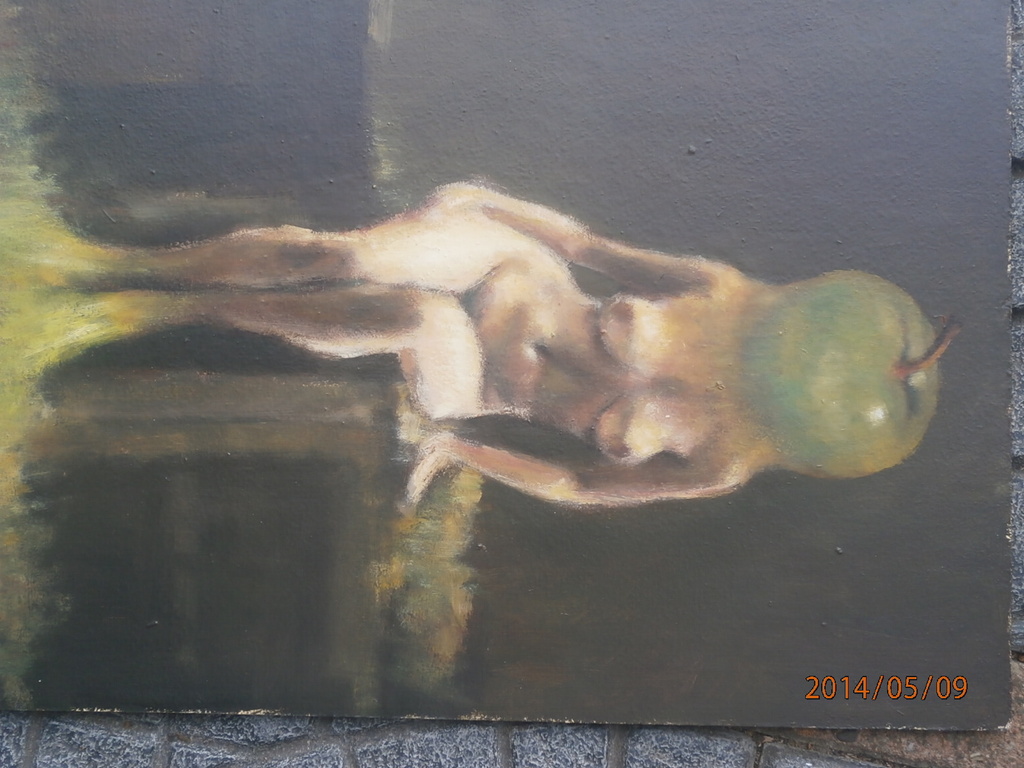 Vrouw met appelhoofd , acryl op board  kopen? Bied vanaf 1!