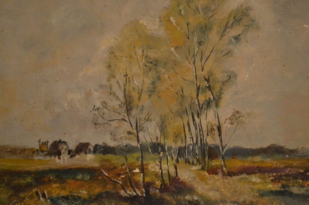 Onbekend (20ste eeuw) - marouflage - Landschap met bomen en boerderijen. kopen? Bied vanaf 1!