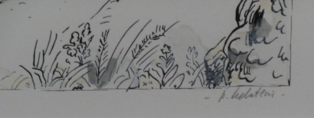 Pieter Holstein: Handgekleurde litho, Landschap met blauwe piramide -Ingelijst kopen? Bied vanaf 35!