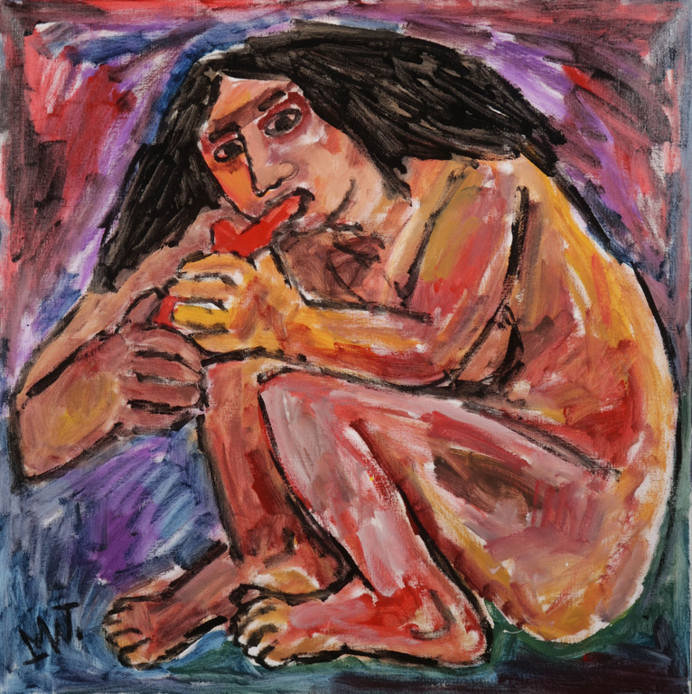 Martin van Wordragen: Olieverf op doek, Rokende oervrouw - Ingelijst kopen? Bied vanaf 400!