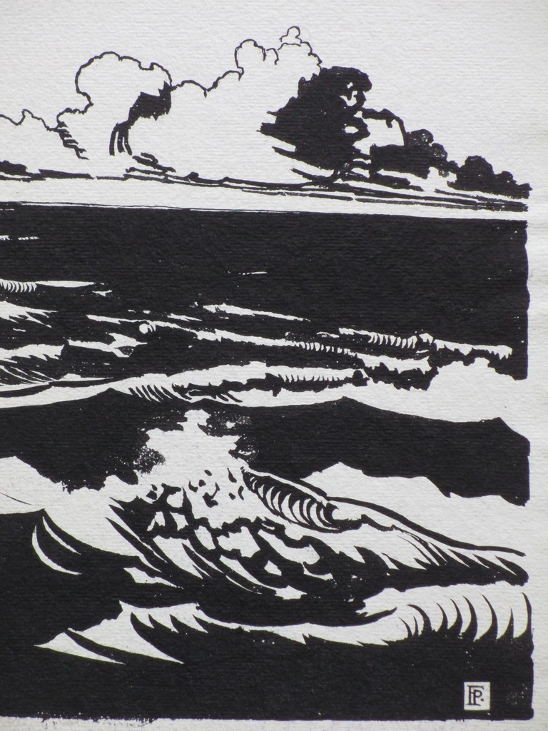 Frederik Pinke, Golfslag voor de kust, Linosnede kopen? Bied vanaf 35!