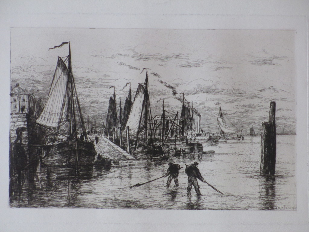 Onbekend, gesigneerd H.Seghers, Garnalenvissers in de haven, Ets kopen? Bied vanaf 1!
