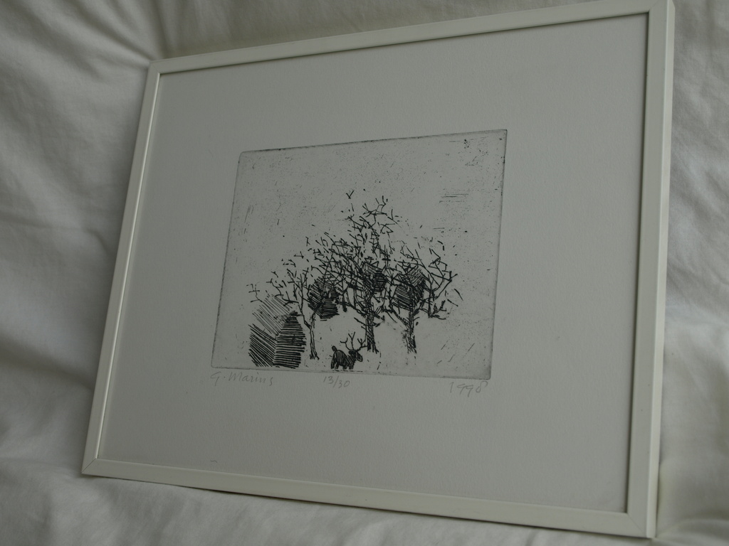 Geert Maring : Ets , Landschap met rendier – Gesigneerd & ingelijst – 1998 kopen? Bied vanaf 1!