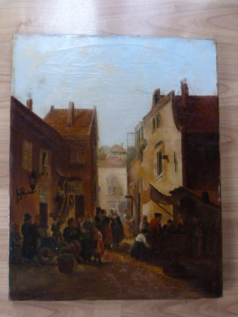 Onbekend ( 20e eeuw ) - olieverf - dorpsgezicht met vele personen. verkocht voor € 41!