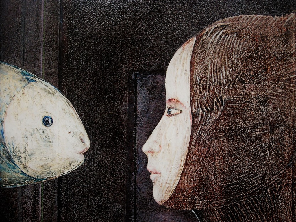 Weergaloos mooi Italiaans Surrealistisch Olieverf "Vrouw en Vis" gesigneerd  kopen? Bied vanaf 1!