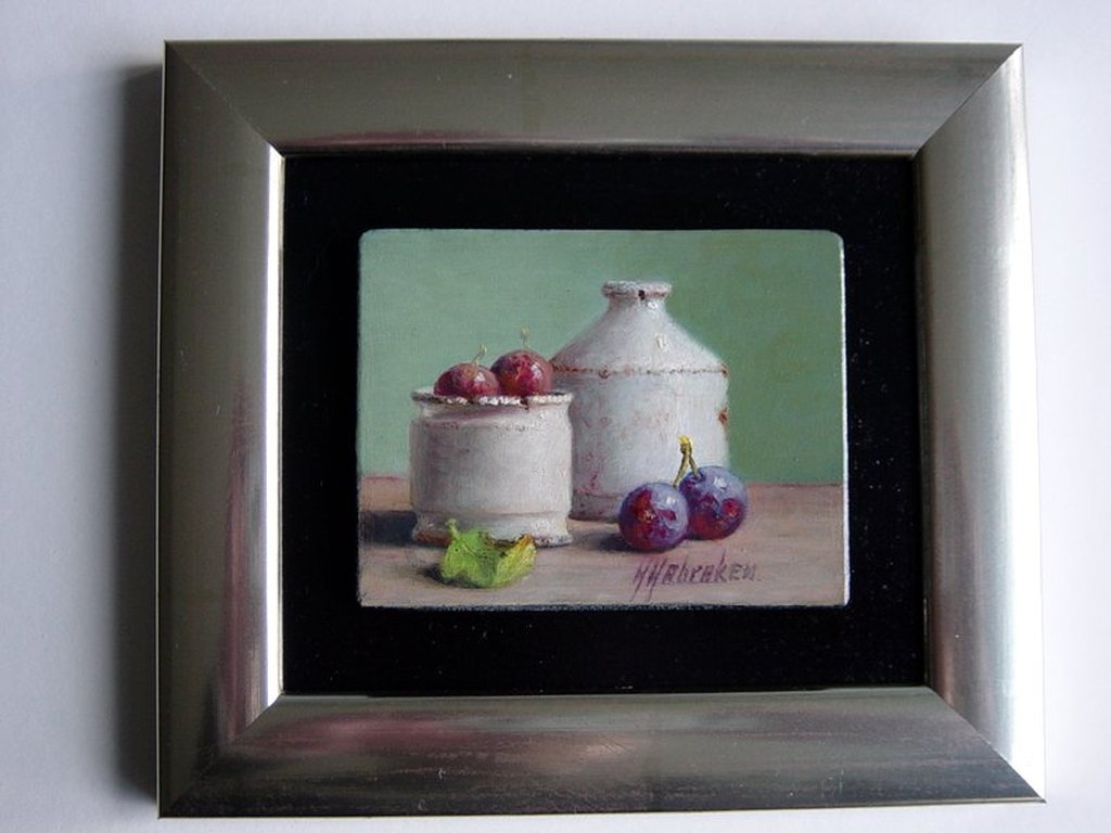 Hans Habraken - olieverf op paneel - stilleven met blauwe pruimen verkocht voor € 195!