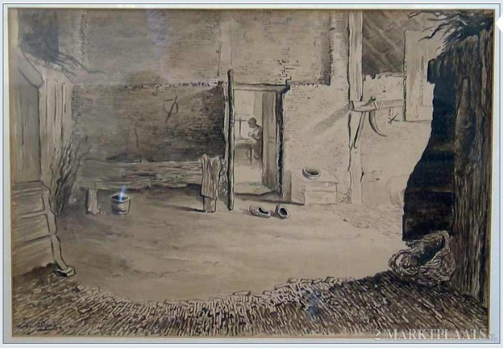 Toon de Jong - Larense School - tekening/waterverf - boerderij interieur. kopen? Bied vanaf 175!