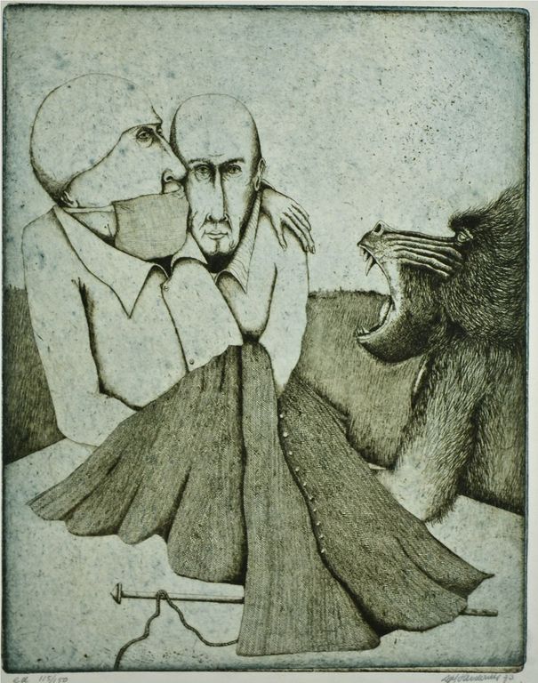 Sjef Henderickx: Ets/aquatint. Aap en twee figuren kopen? Bied vanaf 1!