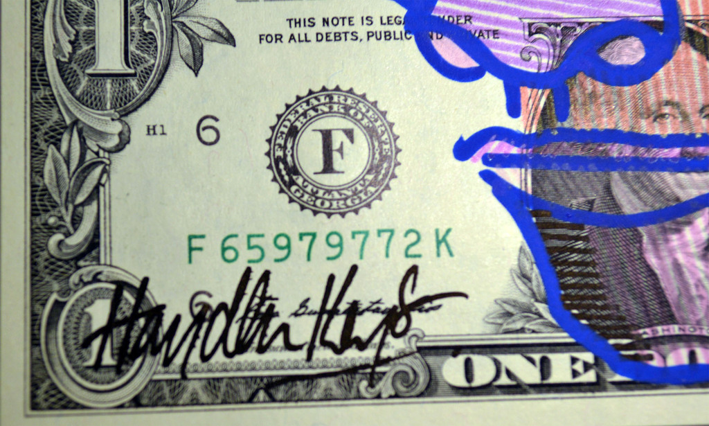 Hayden Kays: acrylverf op dollar biljetten, "Feeling a little Blue" kopen? Bied vanaf 485!