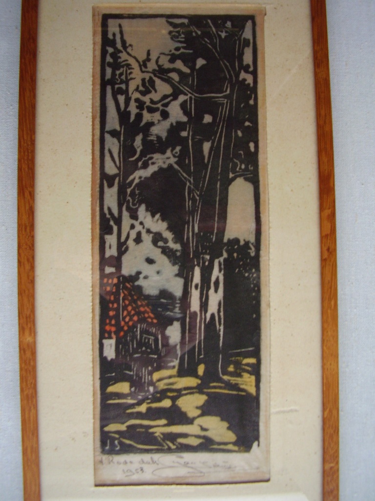 Jan Schrijvers: houtsnede op Japans papier, 't rode dak kopen? Bied vanaf 20!