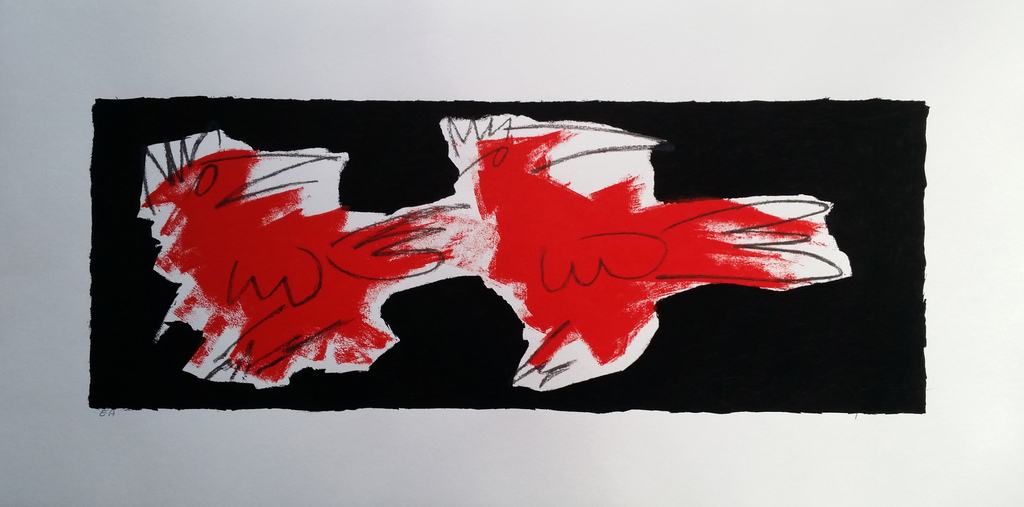 Frank Lengvenius "Red Birds on Black" gesigneerde zeefdruk op papier kopen? Bied vanaf 50!