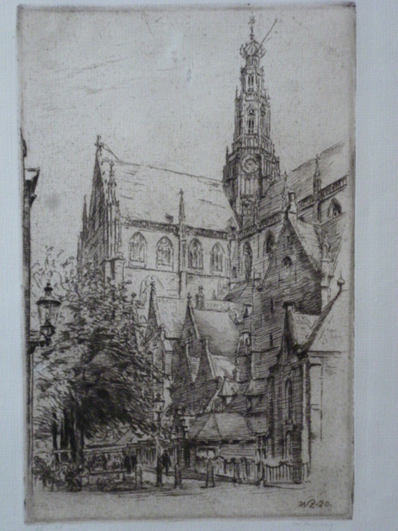 Walter Zeising - ets - Groote Kerk met Oude Groenmarkt, Haarlem verkocht voor € 45!