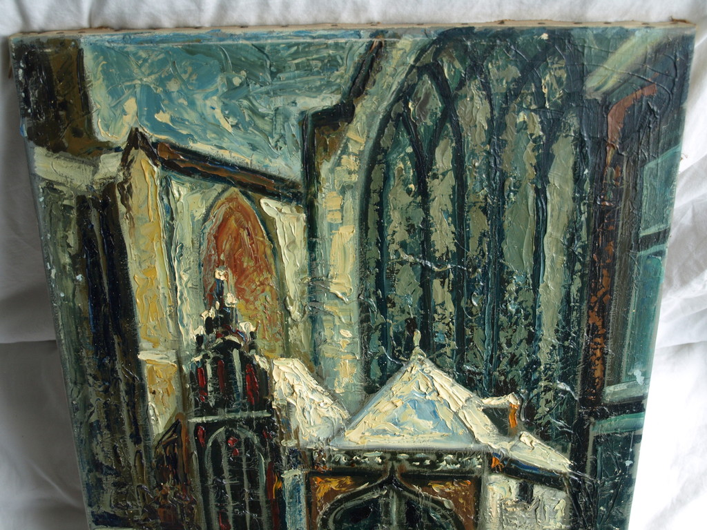 Onduidelijke signatuur: Olieverf op doek – Kerk in de sneeuw - 1959 - 66 x 45 cm kopen? Bied vanaf 50!