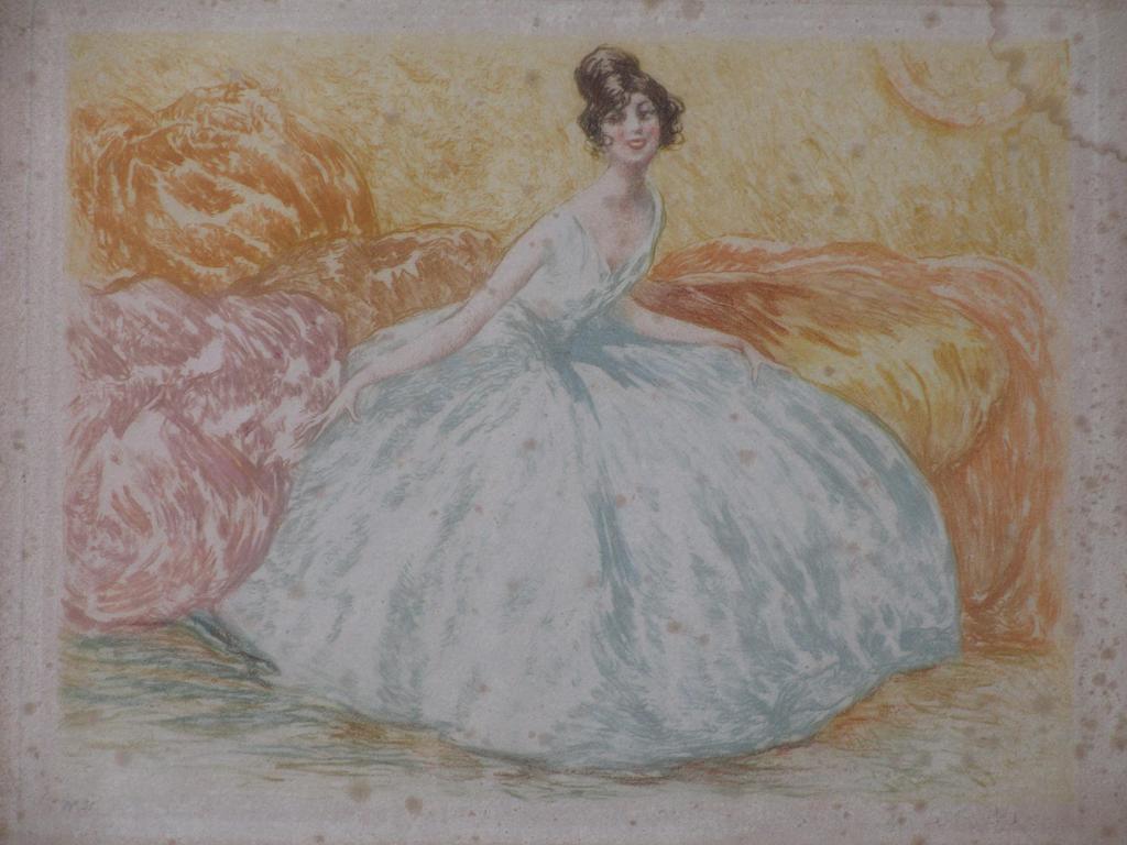 Onbekende kunstenaar, Dame met Art Deco droomjurk, Kleurets kopen? Bied vanaf 1!