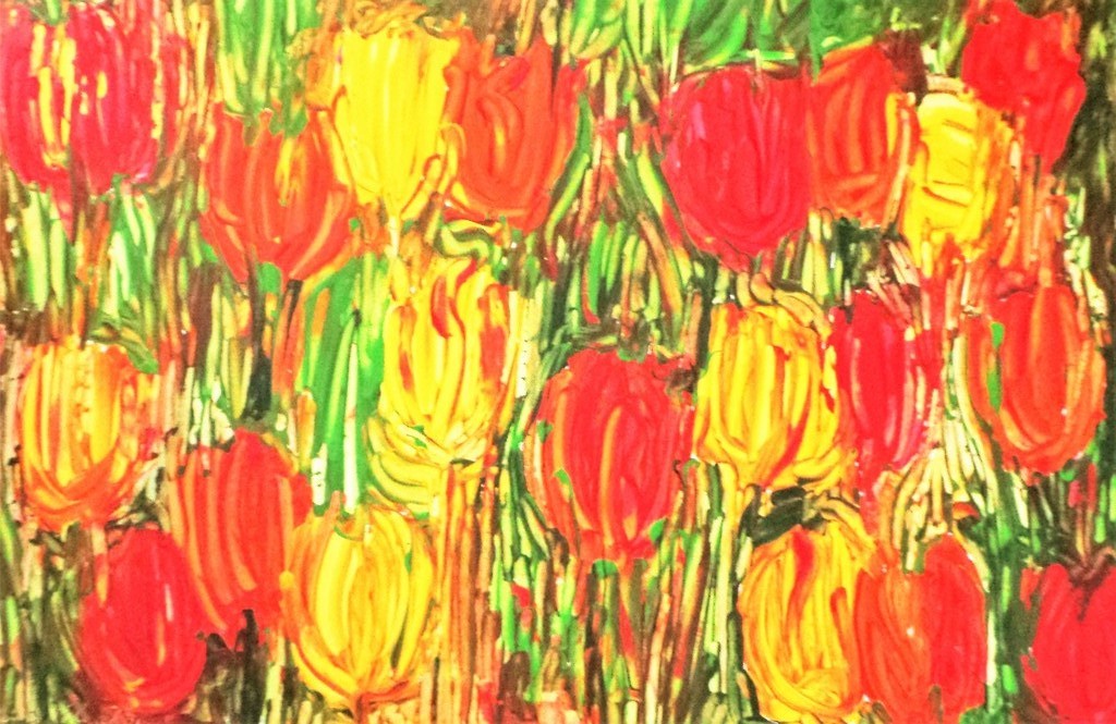 Elena Polyakova: Acrylverf , Kleurige tulpen verkocht voor € 225!