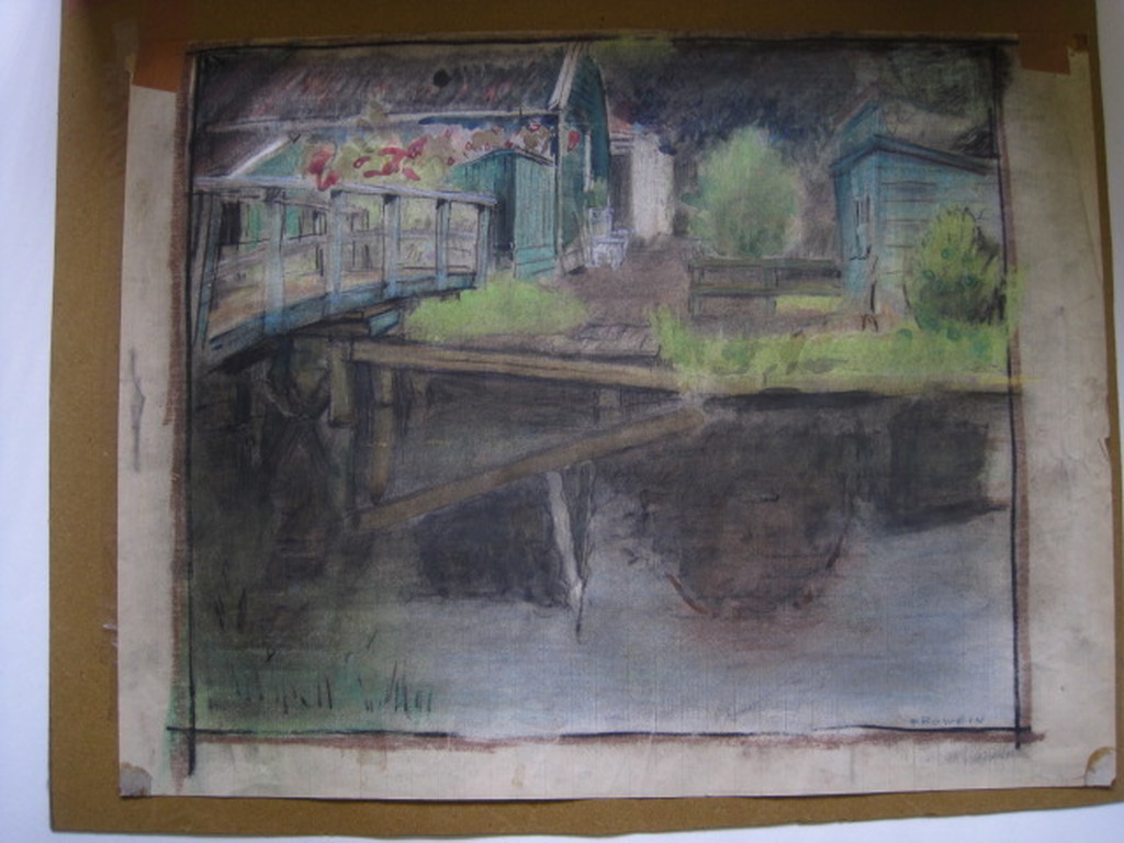 impressionistisch pastel/aquarel van Mien Frowein 1916-1986 "boerderij aan water kopen? Bied vanaf 1!