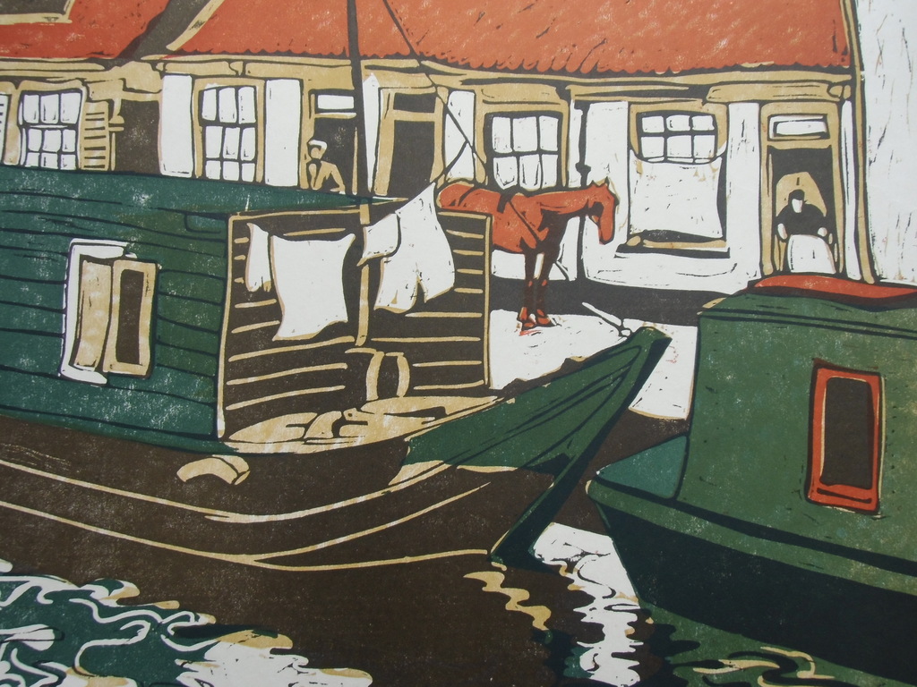 WOONBOOT AAN DE KADE // KLEURENLINOLEUMSNEDE VAN CEES BOLDING verkocht voor € 60!