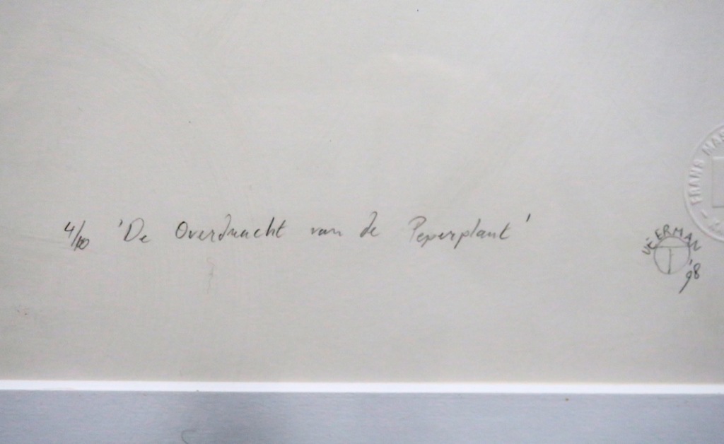 Tinca Veerman: Zeefdruk, De overdracht v/d peperplant - Ingelijst kopen? Bied vanaf 1!