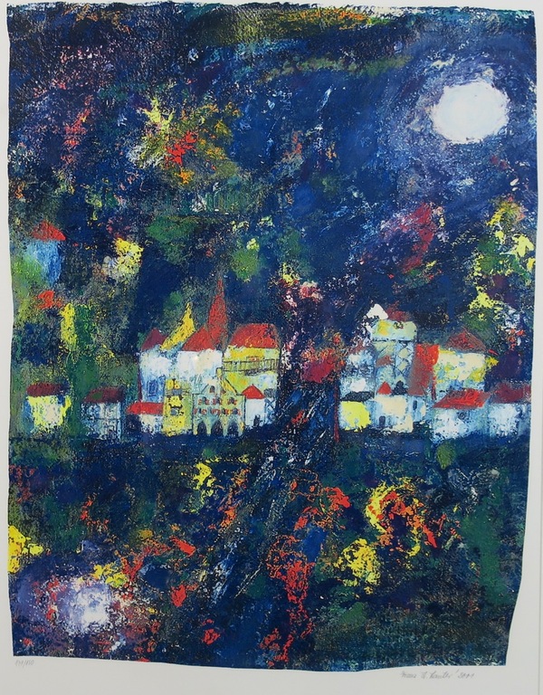 Franz Lauter: Zeefdruk, Stad bij nacht - Ingelijst (groot) verkocht voor € 35!