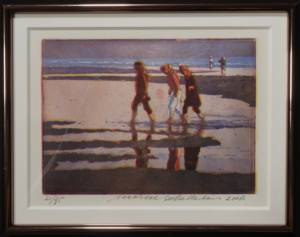 Marcel Schellekens, Ets, Strand - Ingelijst verkocht voor € 431!