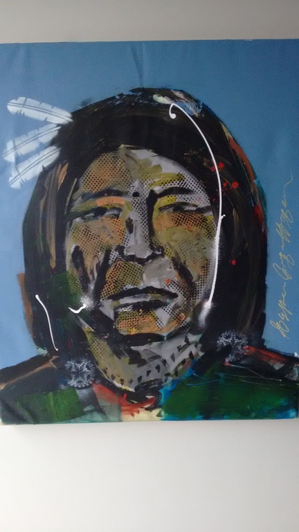 Espen Greger Hagen, schilderij, indiaan, 120 x 100 cm, handgesigneerd verkocht voor € 250!