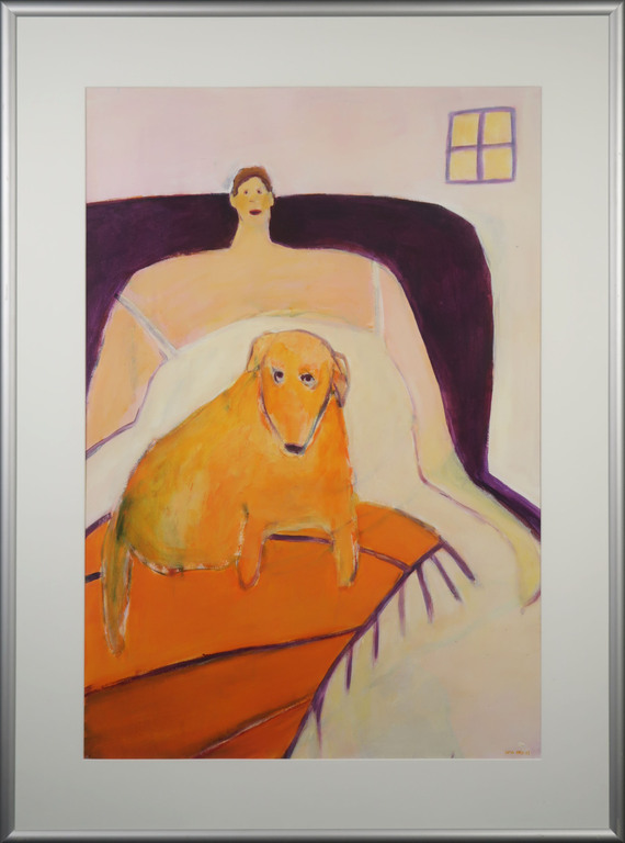 Cora Vries: Acryl op papier, Oranje hond - Ingelijst (Groot!) verkocht voor € 85!