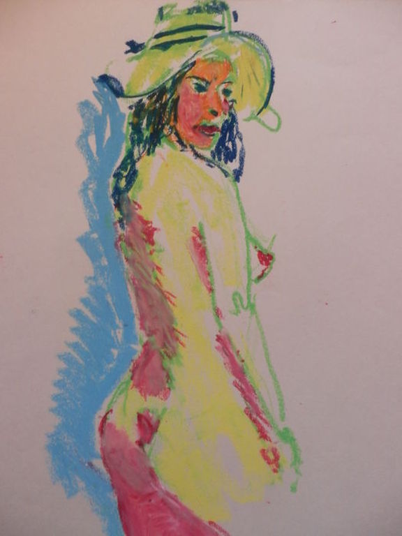 JUUL NEUMANN   Pastelkrijttekening op papier   NAAKTE DAME MET HOED kopen? Bied vanaf 1!