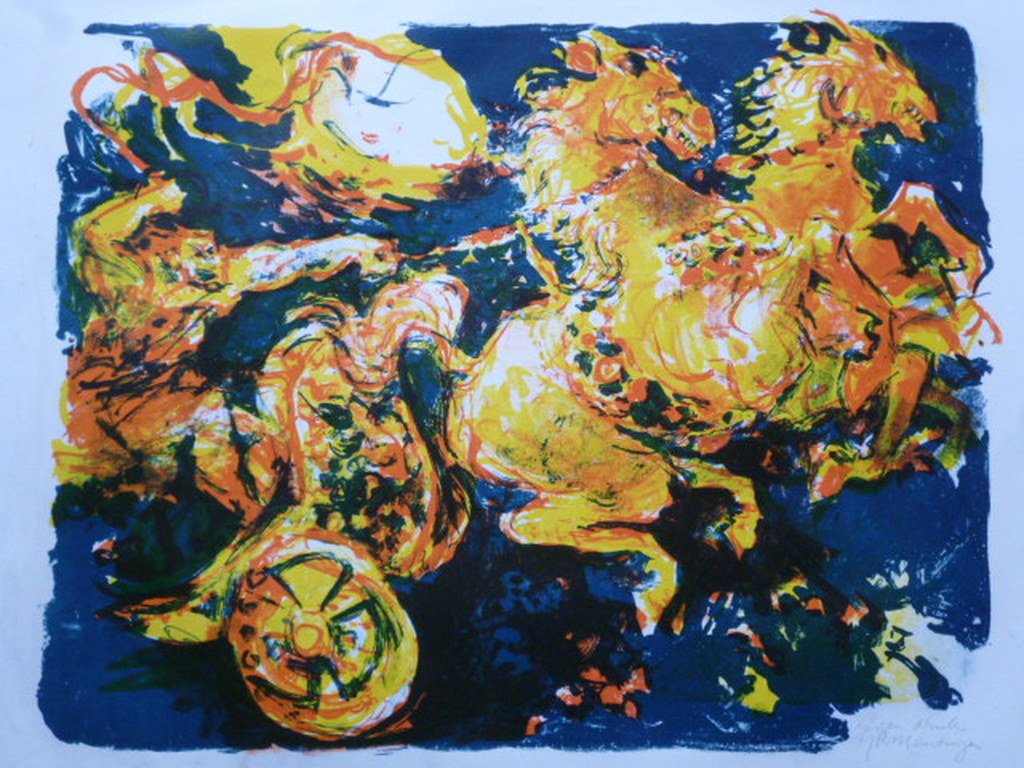 J.R. (Jan) Mensinga - kleurenlitho - Romeinse strijdwagen met paarden verkocht voor € 50!