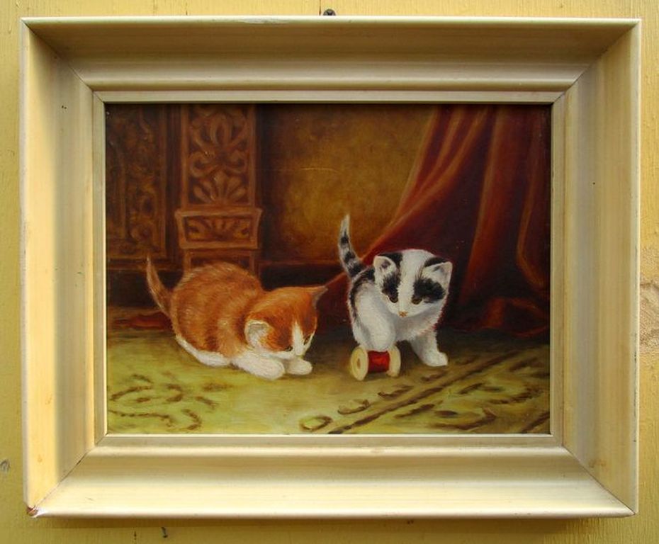 Kunstenaar onbekend: Acrylverfj, 2 kittens spelemd met een klosje garen kopen? Bied vanaf 20!