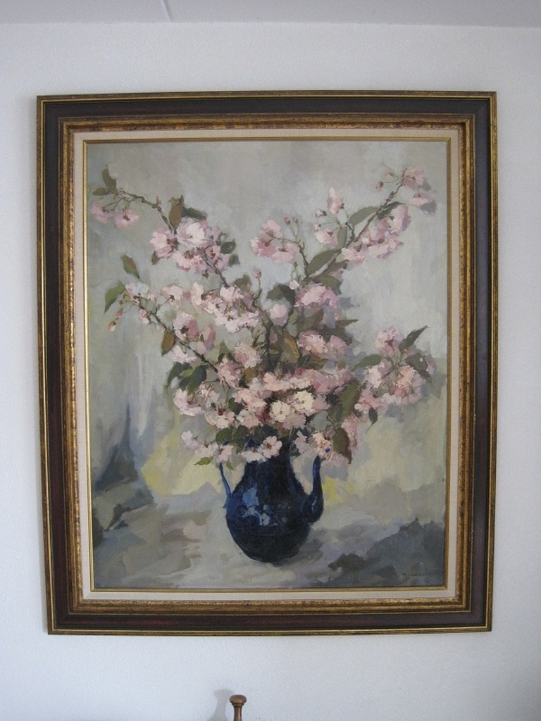 Theo van Oorschot - Kersenbloesemtakken in blauwe vaas - Olieverf kopen? Bied vanaf 750!