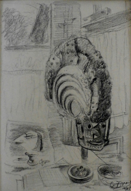 Eugene Brands- potloodtekening: Caricature du poète et masque de danse 1946 verkocht voor € 795!