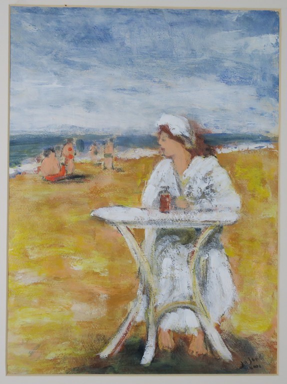 Jose van Gool: Acryl op papier, Vrouw aan 't strand verkocht voor € 50!