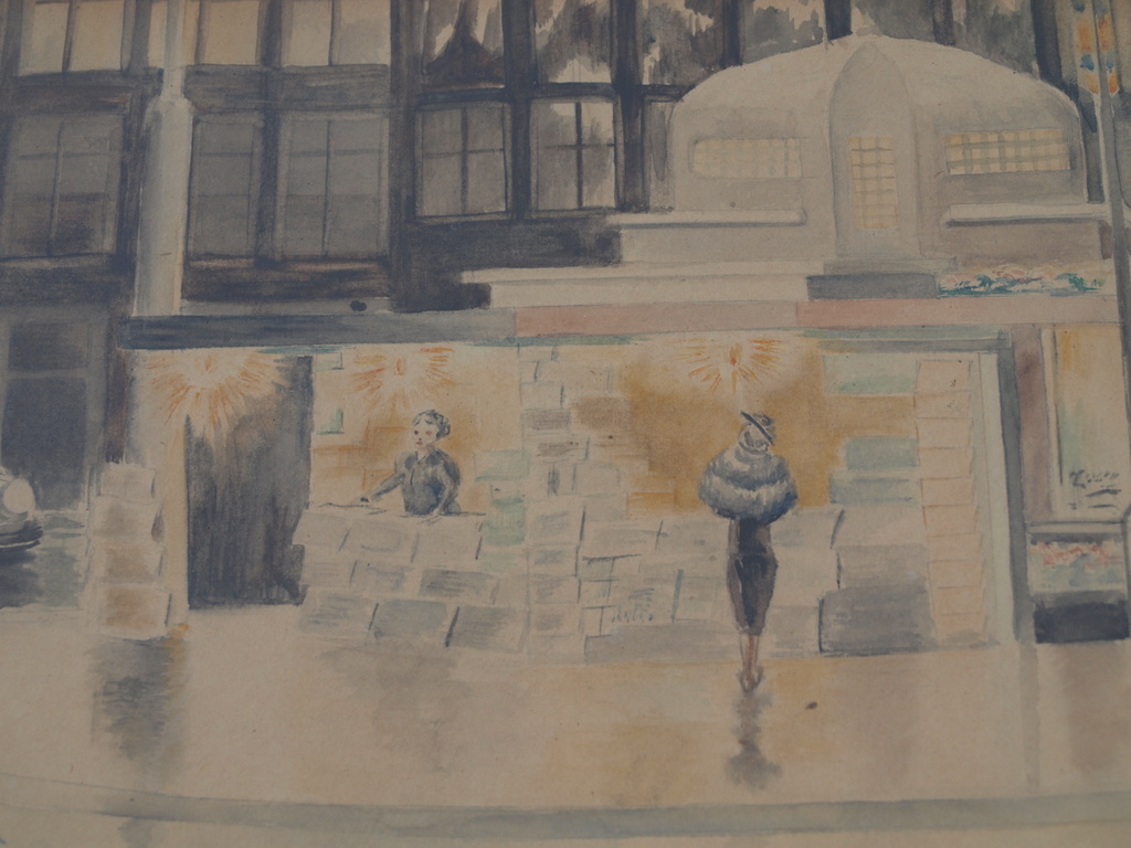 Onduidelijke signatuur : Aquarel , Kiosk – ingelijst – 1940 kopen? Bied vanaf 1!