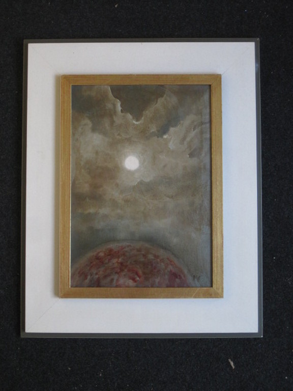 boeiend OUD olieverf schilderij "Maan & Aarde" monogram RW (Roelf Westra ?)  verkocht voor € 80!