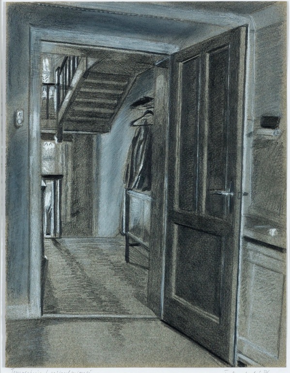 Toine Moerbeek: Potloodtekening, Trappenhuis - Ingelijst verkocht voor € 40!