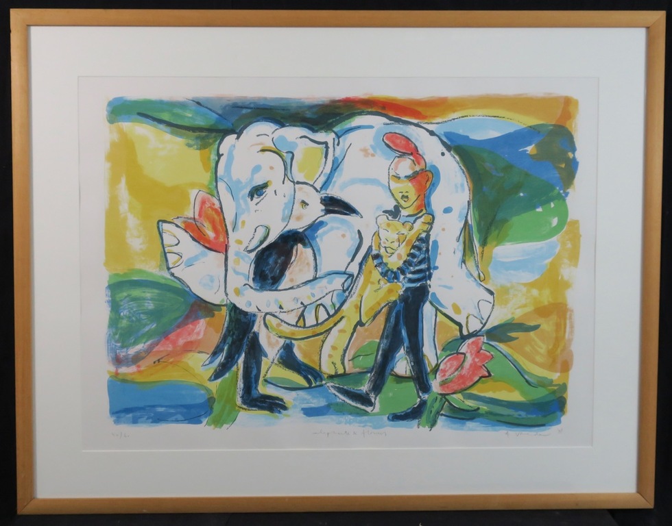Anton Vrede: Litho, Elephants and flowers - Ingelijst (Groot!) kopen? Bied vanaf 60!