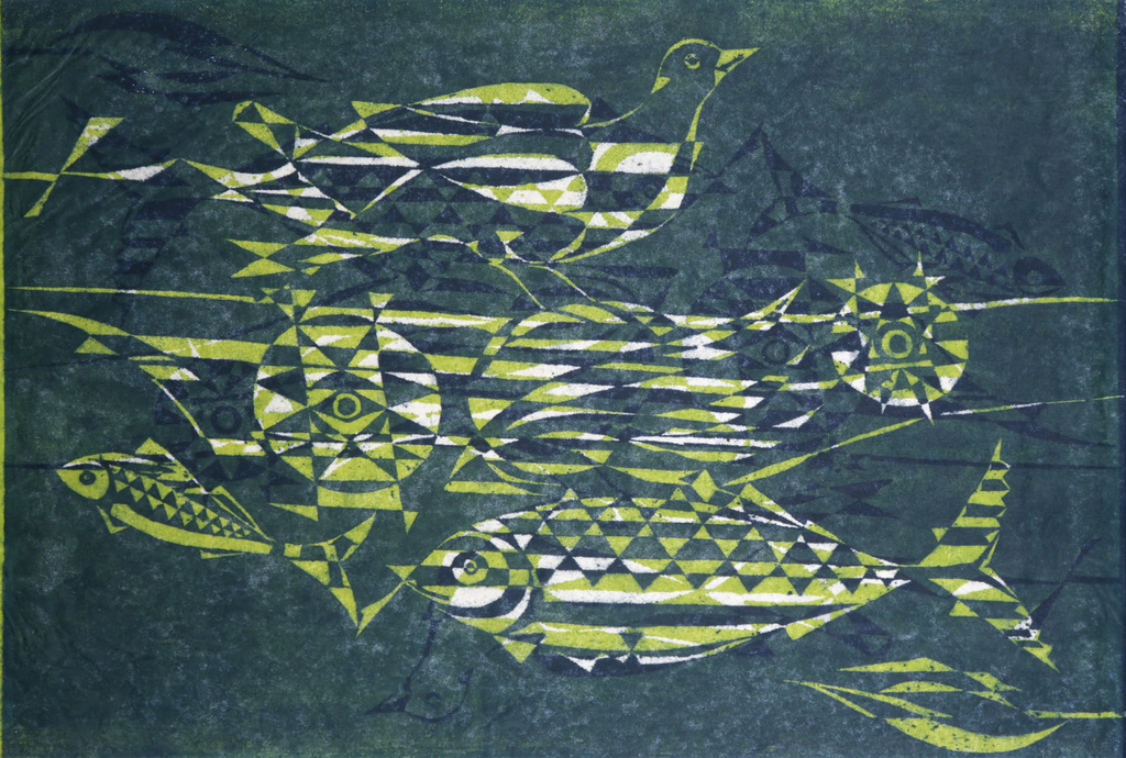 Antoinette Gispen: Houtsnede, Compositie met vogel en vissen kopen? Bied vanaf 20!