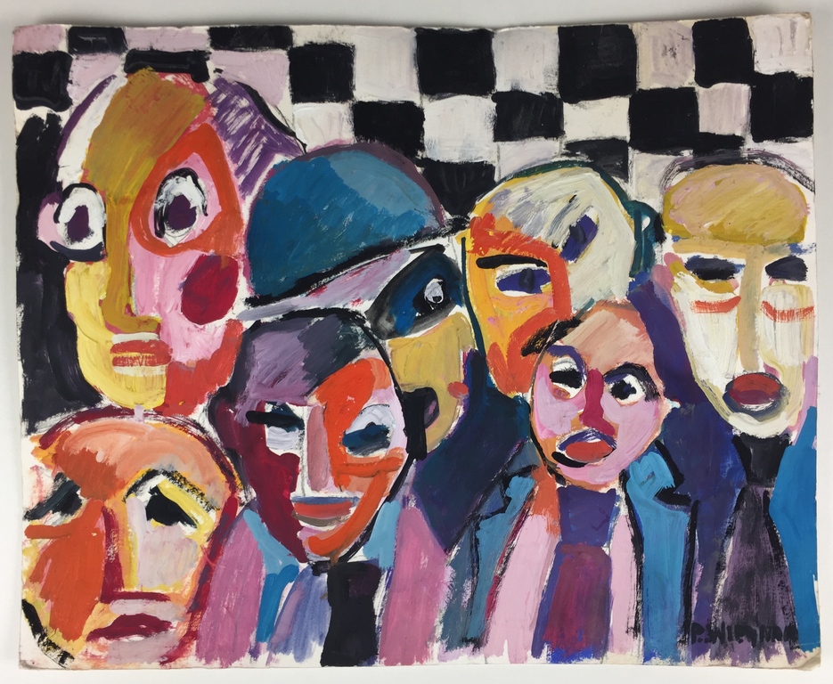 Piet Wiegman, acrylverf op schilderskarton, 'Zeven figuren' kopen? Bied vanaf 1!