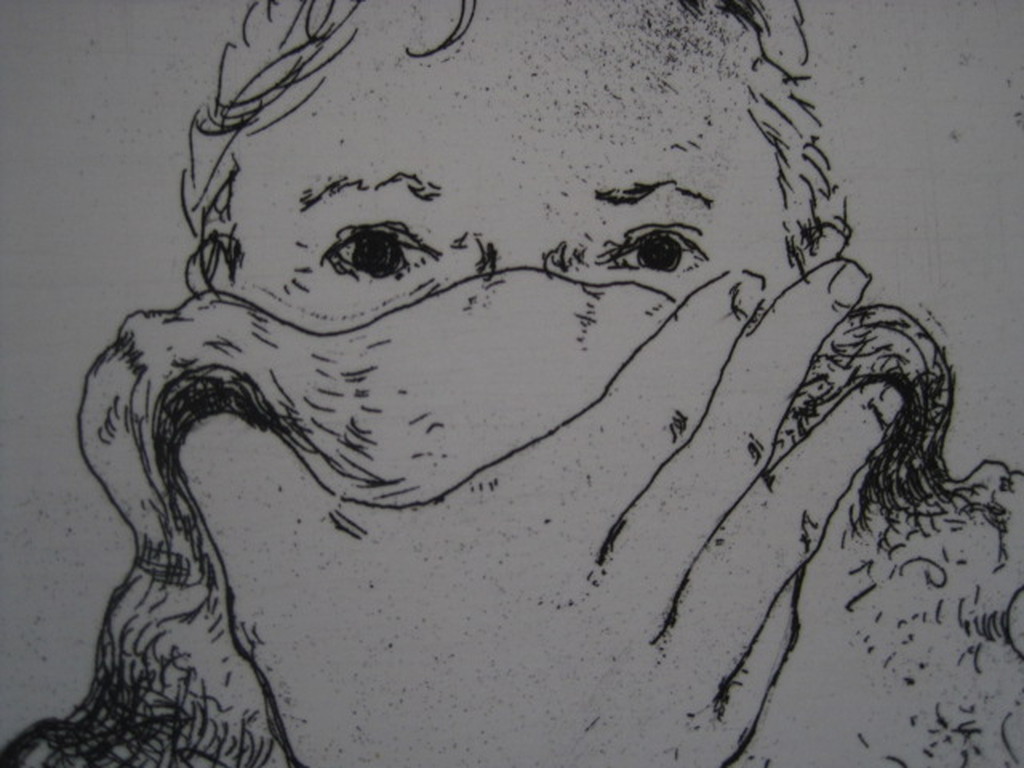 Bijzondere relief-ets van Pieter Kusters (1958-) "Zelfportret met flessen" ges.  kopen? Bied vanaf 1!