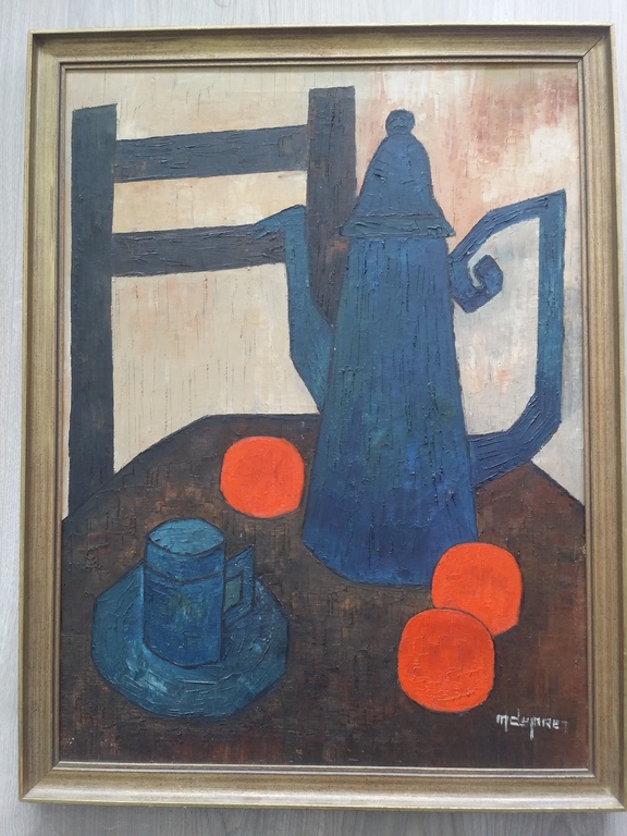 Mia Deprez - Mia Deprez. Olieverf op doek. Stilleven met koffiekan en sinaasappels. kopen? Bied vanaf 375!