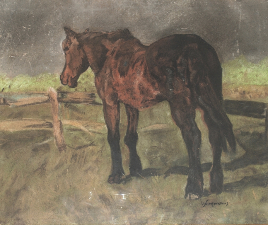 Paard in de wei -- zeer grote pastel op karton, gesigneerd en ingelijst. verkocht voor € 89!