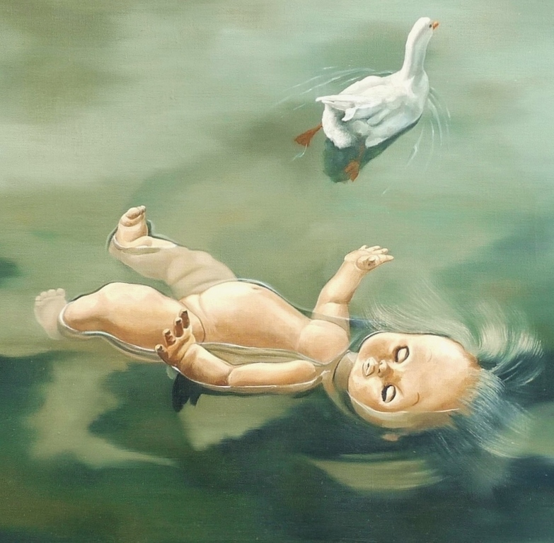 Jan van den Berg: Olieverf op doek, Pop in het water kopen? Bied vanaf 375!