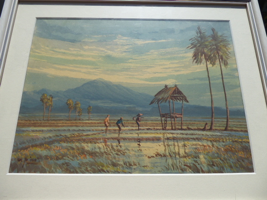 Mochtar Apin (1923-1994) , aquarel ingelijst, rijstveld kopen? Bied vanaf 78!