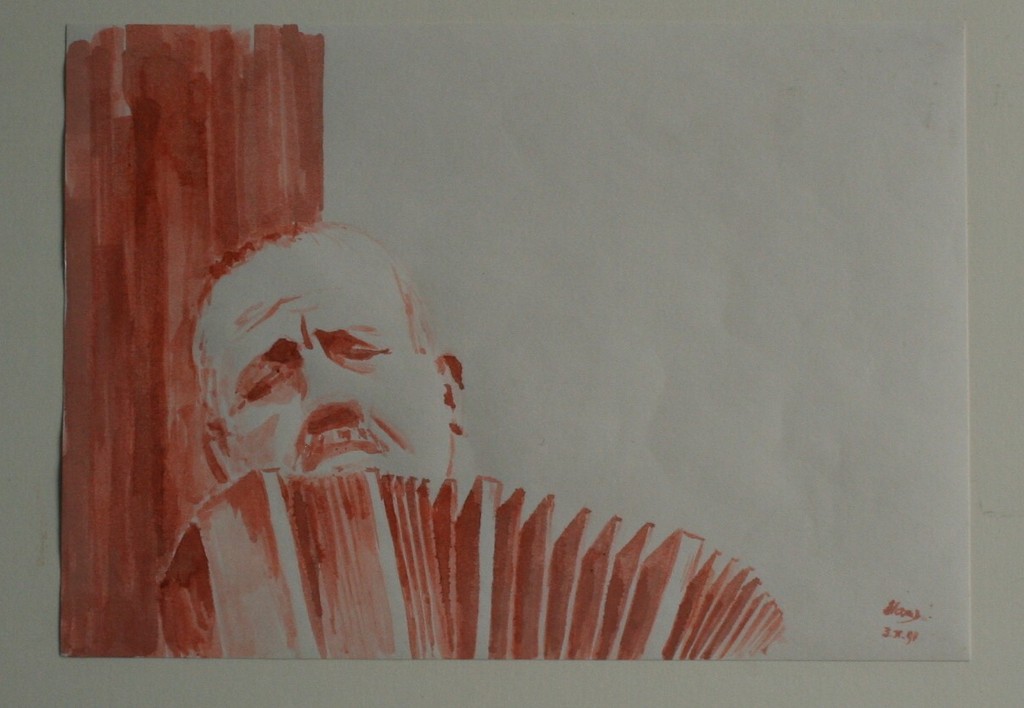 Kunstenaar onbekend - aquarel op papier - harmonicaspeler - gesigneerd kopen? Bied vanaf 1!