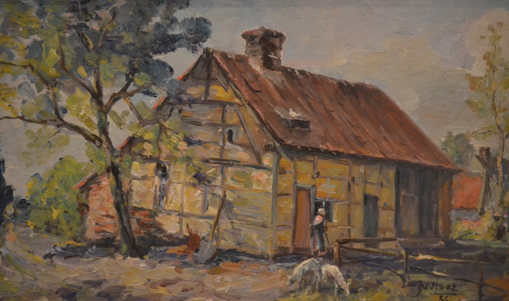 Onbekend (gesigneerd) - Olieverf op paneel - Boerderij, boerin en twee schaapjes kopen? Bied vanaf 1!