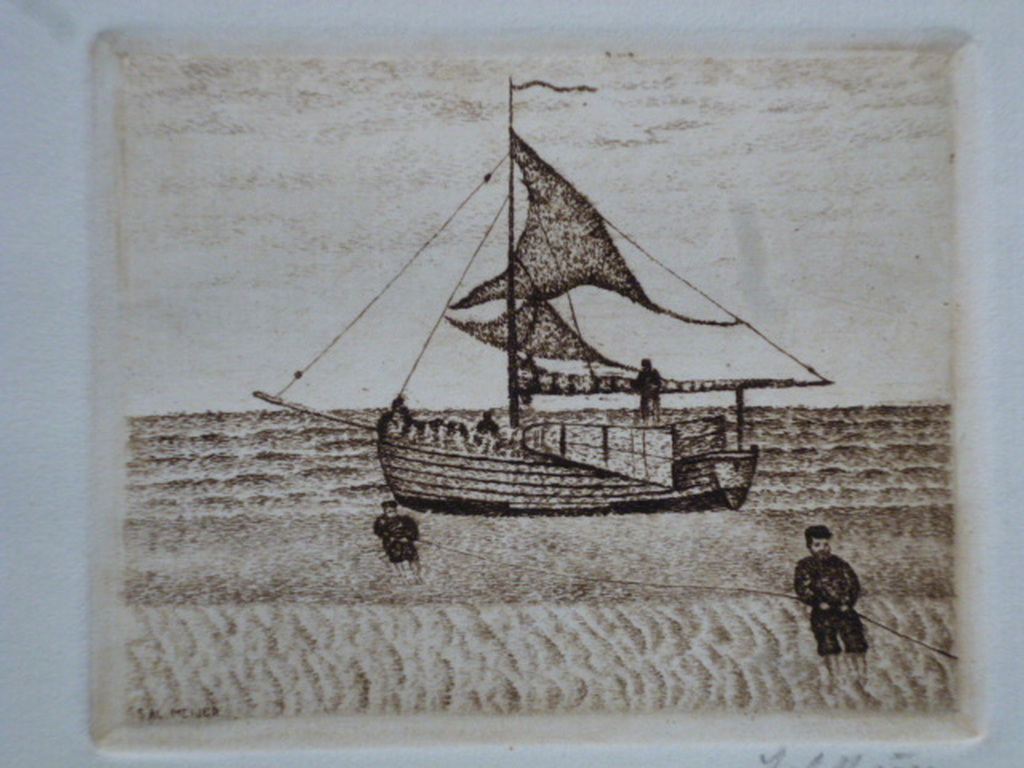 Sal Meijer - ets - Bomschuit met vissers verkocht voor € 175!