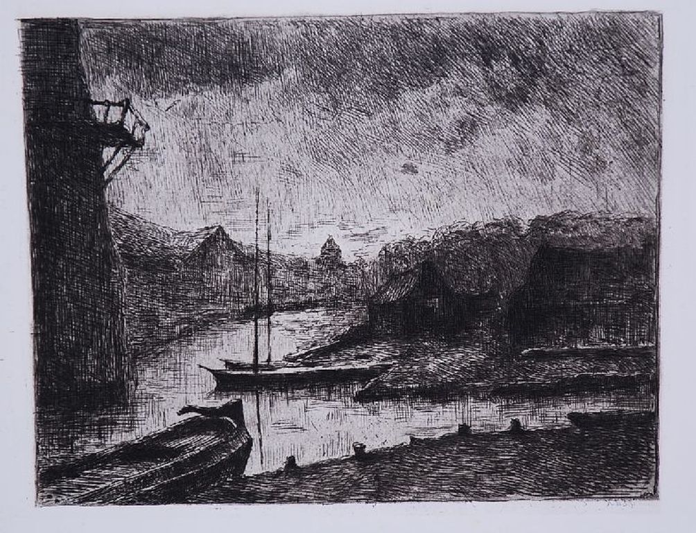 Eduard Karsen: Ets. Avond met regen verkocht voor € 40!