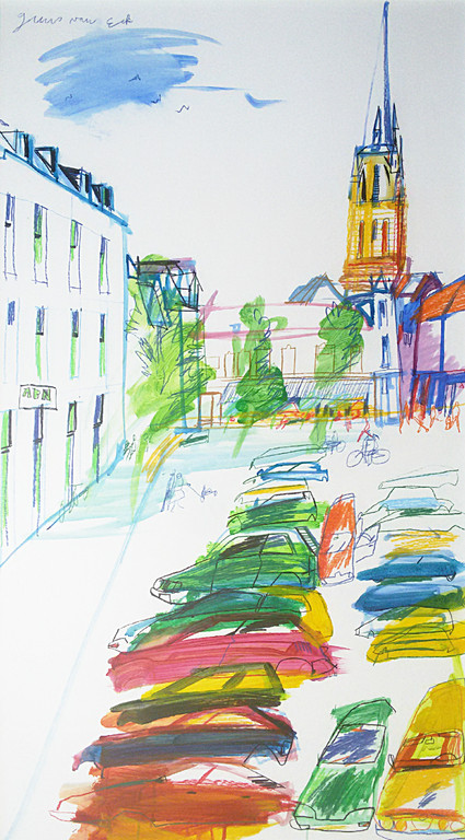 Guus van Eck - Markt Sittard, gemengde techniek (ingelijst, zeer groot) verkocht voor € 325!