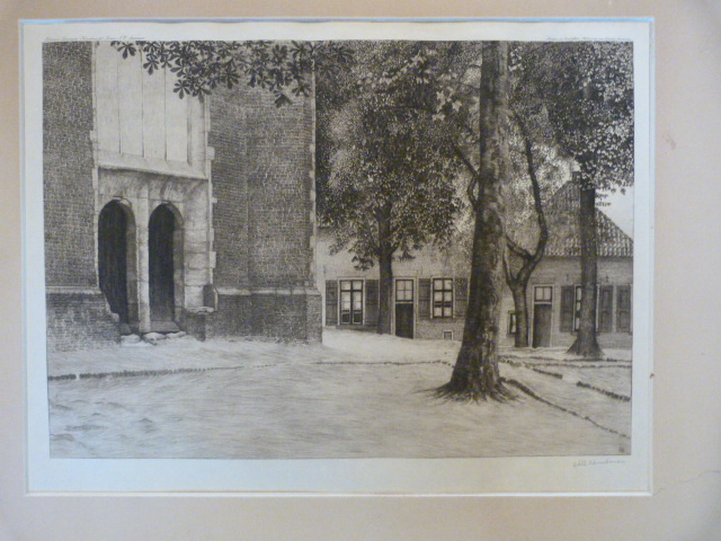 Albert Hemelman  -  ets  -  dorpsplein bij de kerk. kopen? Bied vanaf 1!