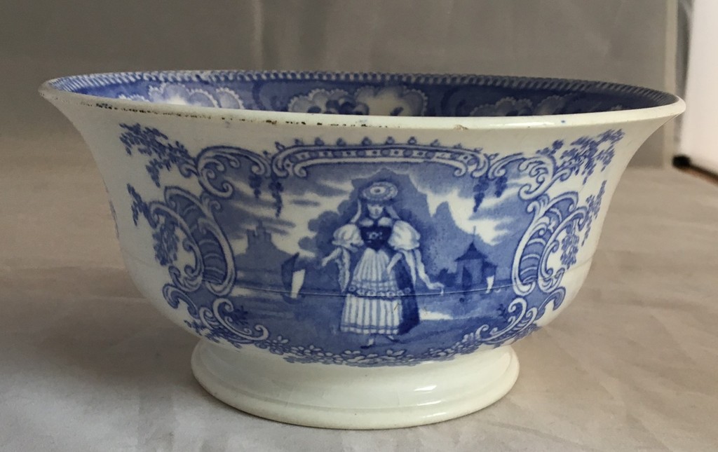 19e eeuwse (ca. 1840) Staffordshire aardewerken kom met blauwe transferdecoratie kopen? Bied vanaf 15!